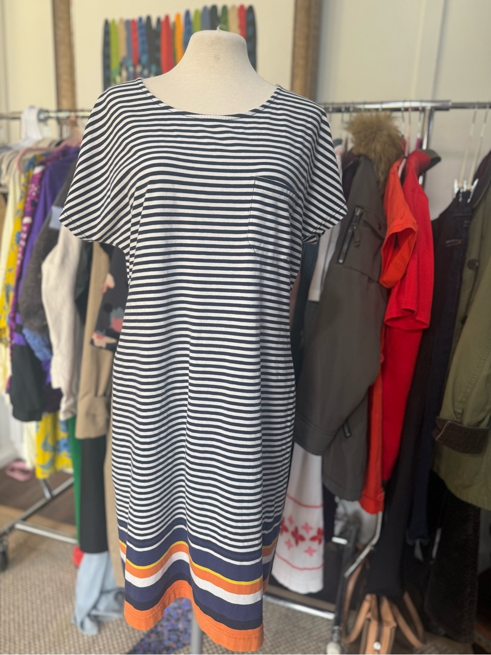 Barbour Navy and White Striped Short-Sleeve Dress with Orange and Navy Trim